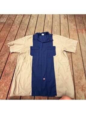 Vintage Dickies Mens Button-Up Work Shirt XX-Large Navy & Khaki With Dual Chest